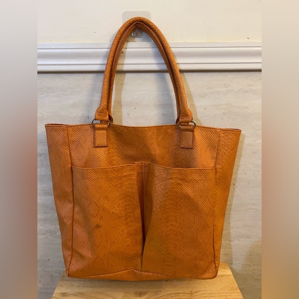 Neiman Marcus orange faux snakeskin embossed leather tote bag